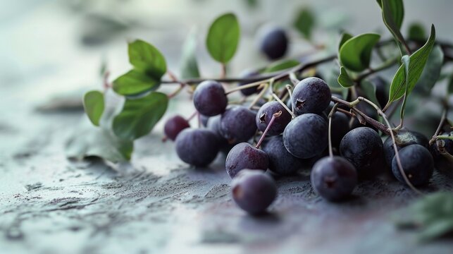  a bunch of black grapes sitting on top of a table next to a green leafy branch on top of a table.