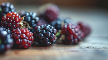  a bunch of blackberries and raspberries sitting on a wooden table with red and black berries on top of them. - obrazy, fototapety, plakaty