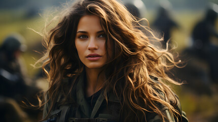 Portrait of a Long Haired Female Soldier in the Grassland. Women in Military Uniform