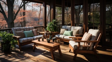 Obraz premium Large comfortable wooden terrace with chairs and table at the rear of the large residence