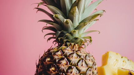  a close up of a pineapple and a banana on a pink background with a bite taken out of it.