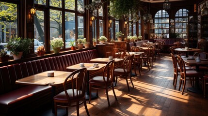 Fototapeta premium Cozy coffee shop design with warm wood colors and wooden floors.