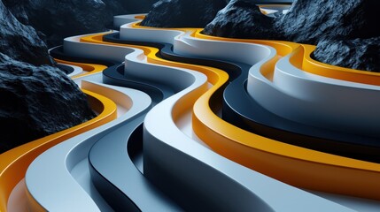  a 3d rendering of a winding road in a mountainous area with rocks and a mountain in the backgroud. - obrazy, fototapety, plakaty