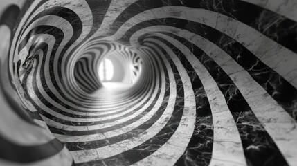  a black and white photo of a tunnel with a circular design on the side of the tunnel and the light at the end of the tunnel. - obrazy, fototapety, plakaty