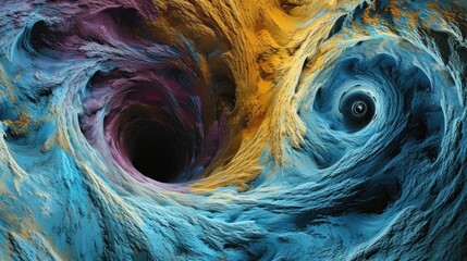  a close up of a blue and yellow swirl with a black hole in the middle of the center of the image.