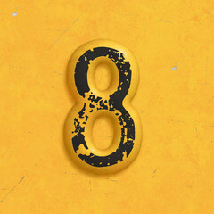 set of embossed black numbers and symbols on yellow background, graphic design and lettering, erosion effect, eight