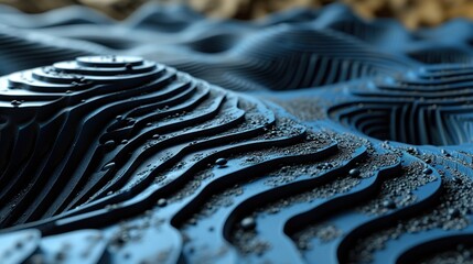  a close up of a blue surface with a pattern of wavy lines and drops of water on top of it.