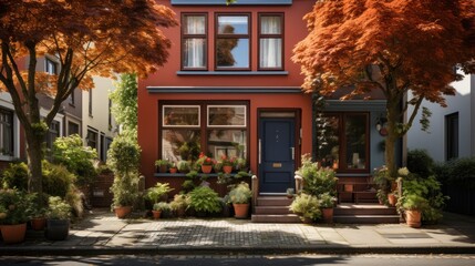 The front of a typical Dutch house with brick walls, plants, trees and front door windows near the street