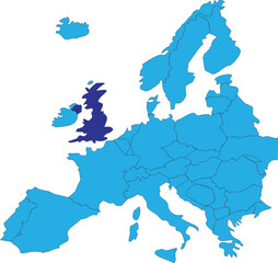 Obraz premium Dark blue CMYK national map of UNITED KINGDOM inside simplified blue blank political map of European continent on transparent background using Peters projection