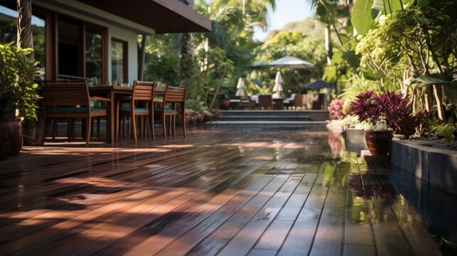 Ipe wood deck, modern home design with wood terrace, tropical hardwood deck view from low angle