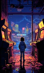 a child standing between two arcade game machines