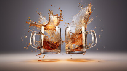 Beer in a mug foam and splashes, glasses with beer