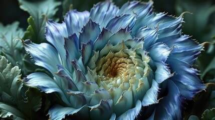  a close up of a blue flower with green leaves in the foreground and a yellow center in the middle of the flower.