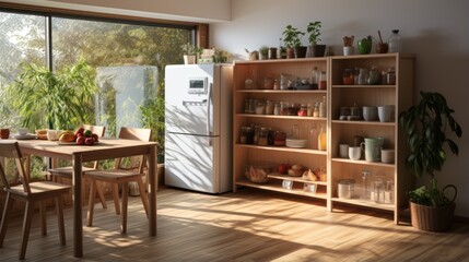 Fototapeta premium Parquet style kitchen carpet, refrigerator and shelves, mirror, lamps and plant vases.