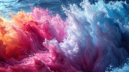  a close up of a multicolored ocean wave with water splashing on the bottom and bottom of the wave.