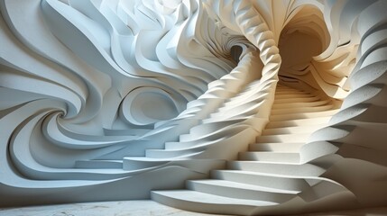  a spiral staircase made of white paper with a light coming in from the top of the stairs and the bottom of the stairs.
