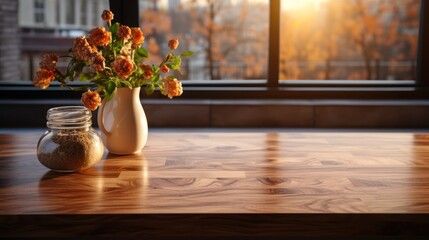 Fototapeta premium Kitchen table top with flower vase on beautiful background