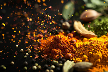Indian spices photography, spices flying illustration