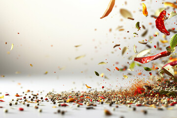 Indian spices photography, spices flying illustration