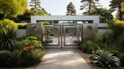 large silver aluminum door house gate, modern and luxurious suburban house