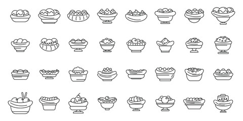 Banana split icons set outline vector. Cream calories dessert. Caramel bowl - obrazy, fototapety, plakaty