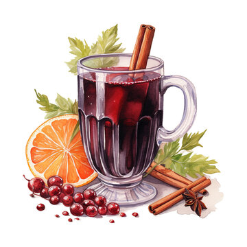 Mulled Wine, Beverages Illustration. Watercolor Style. AI Generated