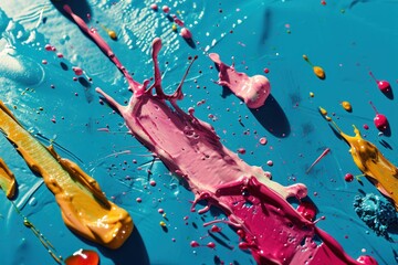  a group of paint spatulas sitting on top of a blue surface covered in lots of pink and yellow paint.