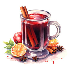 Mulled Wine, Beverages Illustration. Watercolor Style. AI Generated