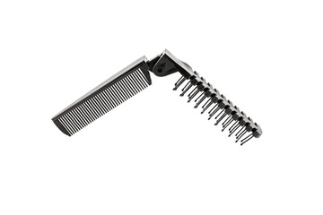 Hair Comb. Sisir lipat. Black double sided folded comb, made by plastic, for travelling, isolated on white background. Close-up