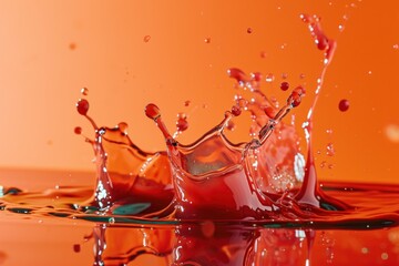  a close up of a red liquid splashing on the surface of a body of water with an orange background.