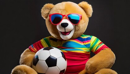 cute teddy bear in retro tricot with football soccer on black background - obrazy, fototapety, plakaty