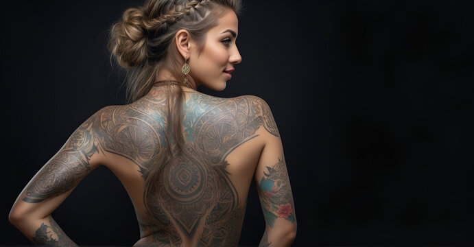 Portrait of a woman with a body full of artistic tattoos