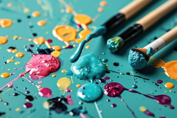  a group of paintbrushes sitting on top of a table covered in lots of different colored drops of paint.