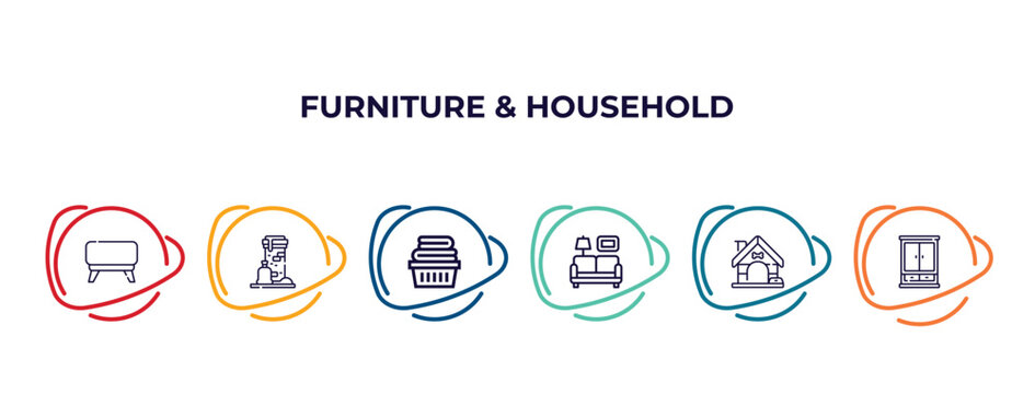 Ottoman, Chimney, Laundry Hamper, Living Room, Dog, Cabinet Outline Icons. Editable Vector From Furniture & Household Concept.