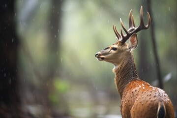 rain droplets on bushbuck in a foggy woodland