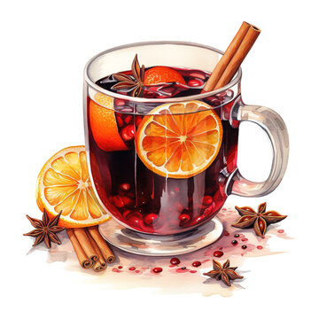 Mulled Wine, Beverages Illustration. Watercolor Style. AI Generated