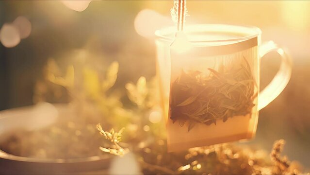 Closeup of a cup of herbal tea with a calming scene on the teabag tag.