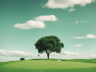 Fototapeta na wymiar Green grass and a single tree on a golf course