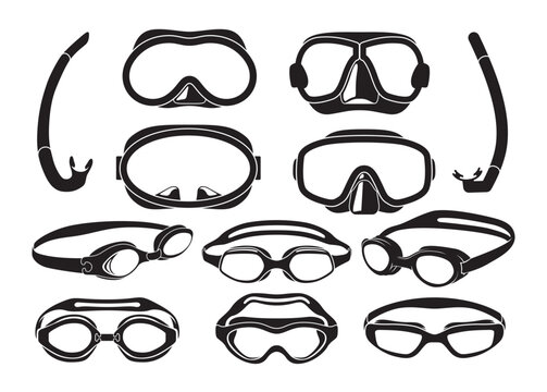 Swimming goggles mask tube diving water protective accessories black minimal set isometric vector