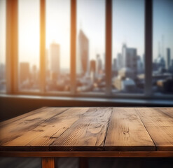 The empty wooden table top with blur background of downtown business district