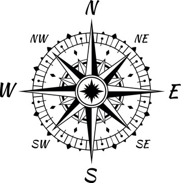 Vintage marine wind rose sea compass navigation black monochrome vector