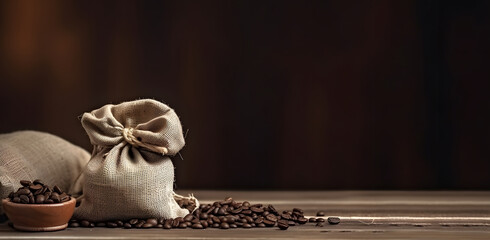 bunch of fresh roasted coffee beans with burlap sack on a wooden table. agriculture and drink concept - obrazy, fototapety, plakaty