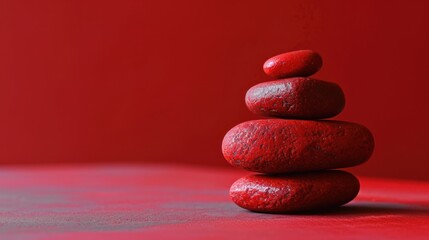  a stack of red rocks sitting on top of a red table next to a red wall and a red wall behind it.