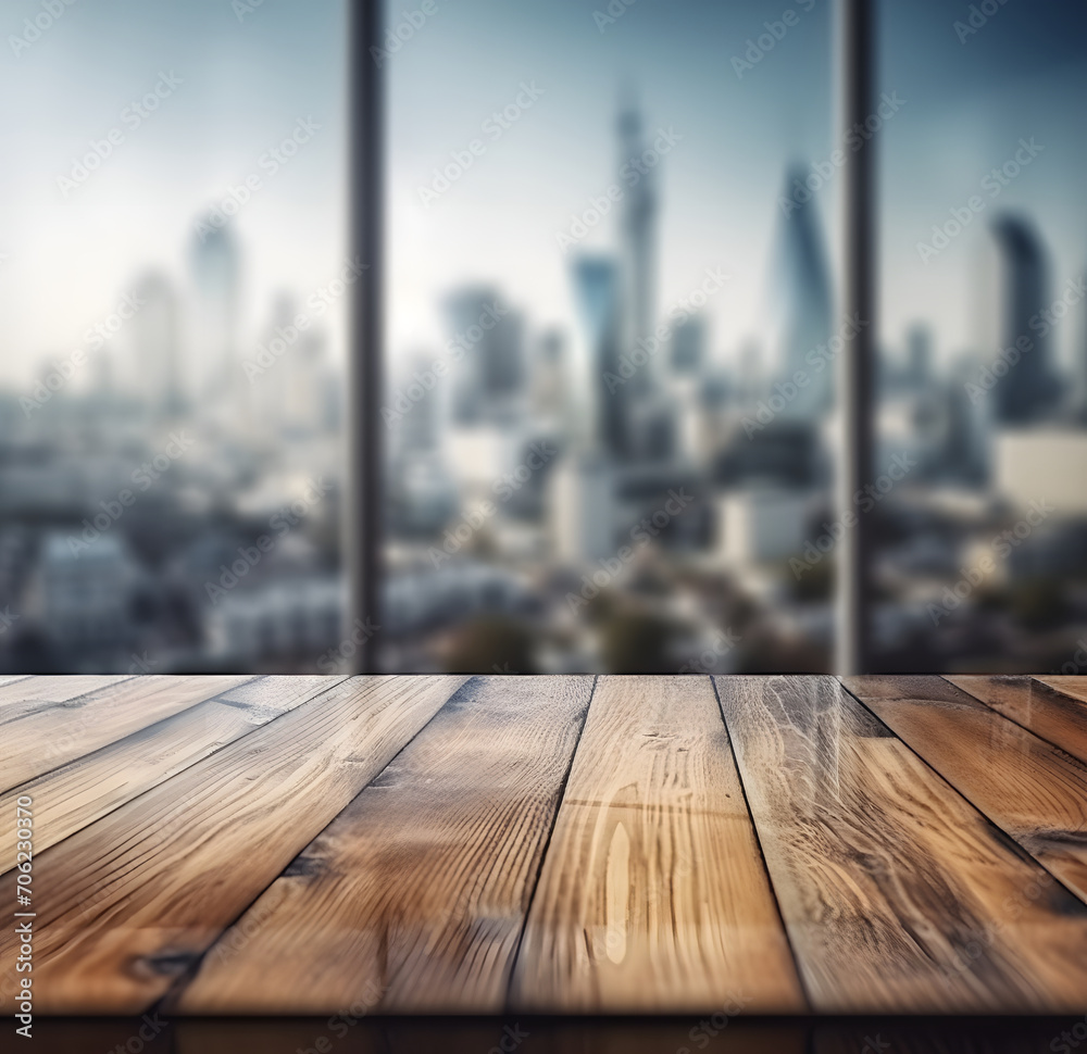 Poster the empty wooden table top with blur background of downtown business district