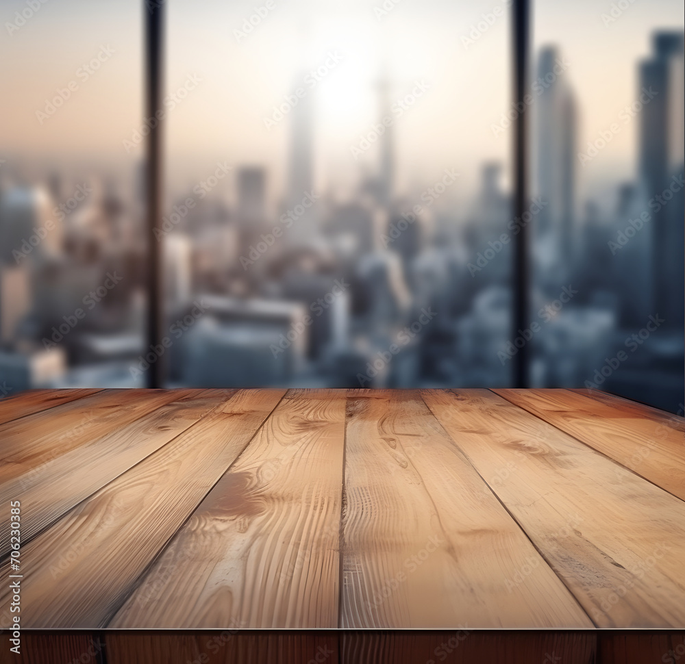 Poster the empty wooden table top with blur background of downtown business district