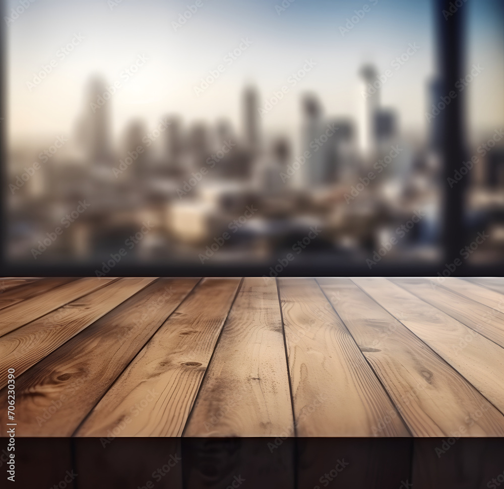 Poster the empty wooden table top with blur background of downtown business district
