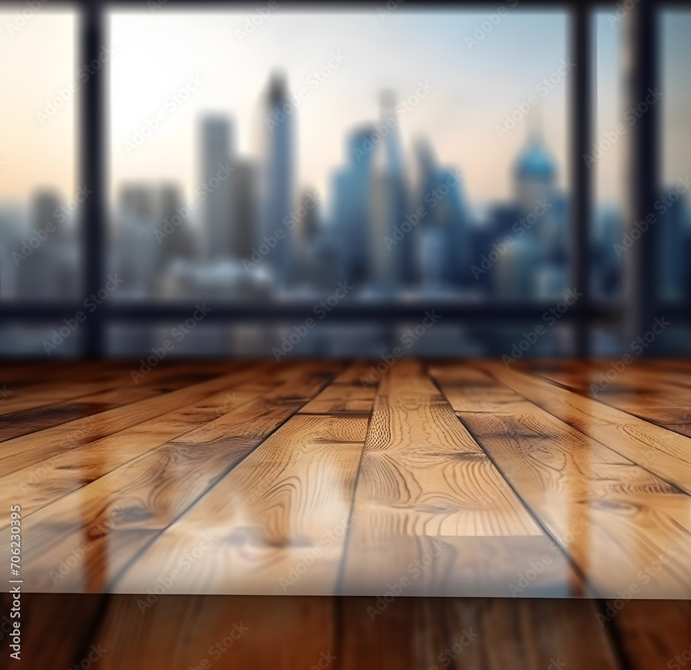 Poster the empty wooden table top with blur background of downtown business district