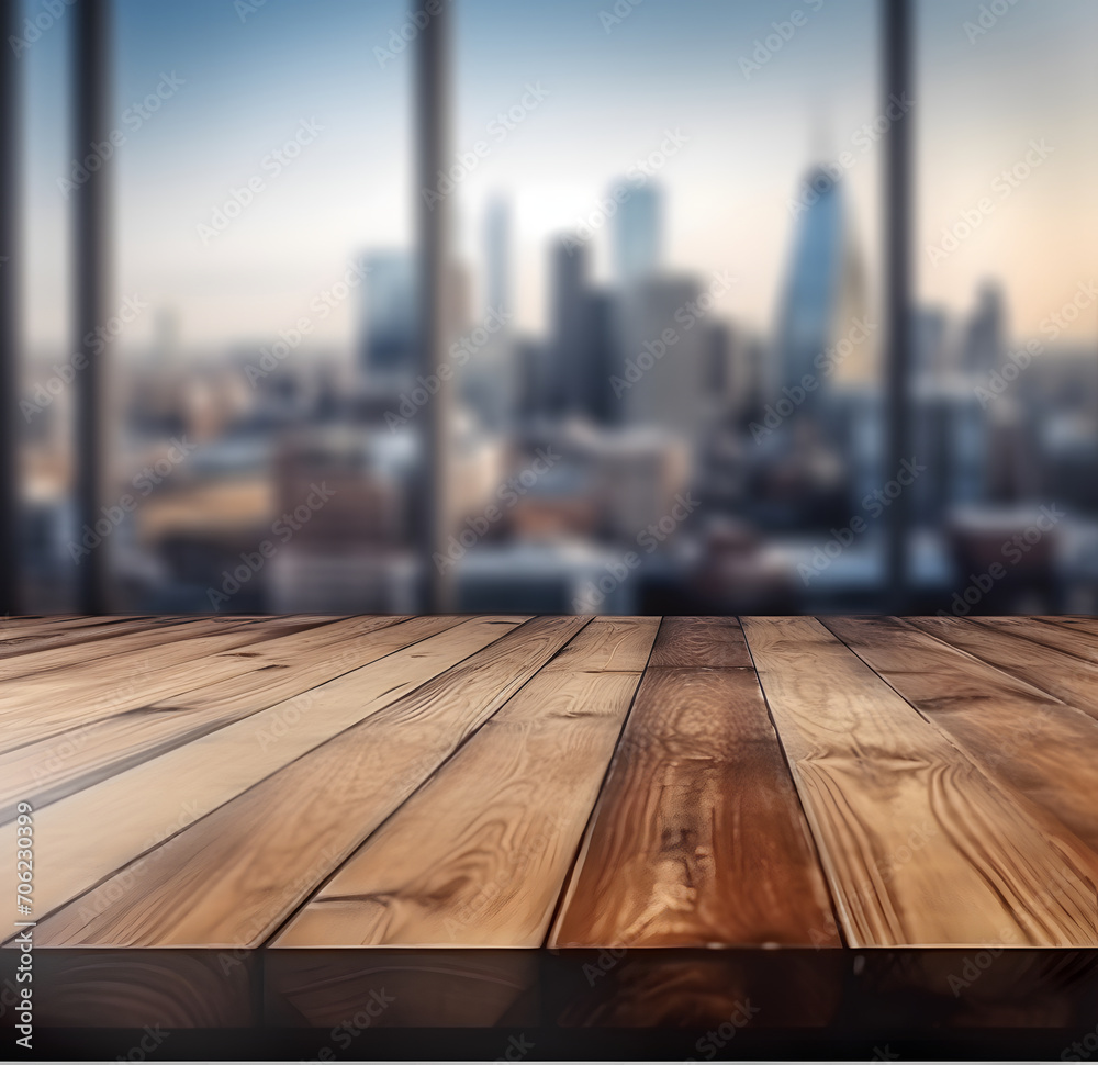 Poster the empty wooden table top with blur background of downtown business district