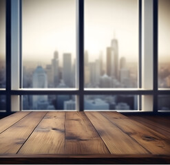 The empty wooden table top with blur background of downtown business district