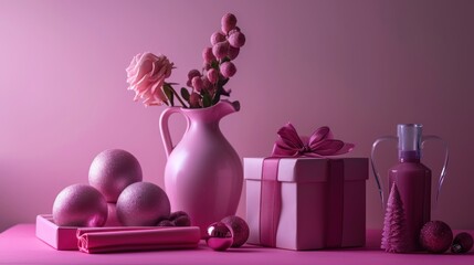  a pink vase filled with pink flowers next to a box of pink eggs and a pink vase filled with pink flowers.